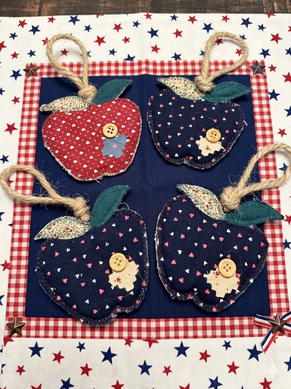 Red & Navy Fabric Apple Ornaments